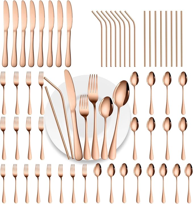 56 Pieces Mirror Rose Gold Silverware Service for 8 Flatware Set Stainless Steel Utensils Cutlery Set Dishwasher Safe