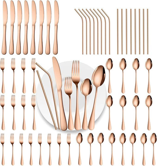 56 Pieces Mirror Rose Gold Silverware Service for 8 Flatware Set Stainless Steel Utensils Cutlery Set Dishwasher Safe