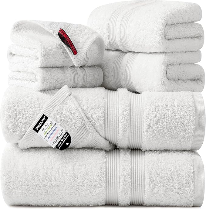 SEMAXE Solid 6-Piece Towel Set, White, 600GSM 100% Cotton, 2 Each of Bath Towel, Hand Towel, and Washcloths, Gift Box Packaging, Hanging Loop Design