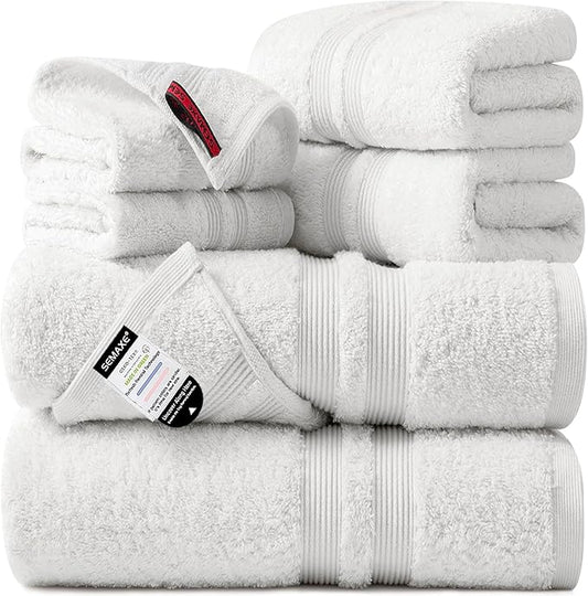 SEMAXE Solid 6-Piece Towel Set, White, 600GSM 100% Cotton, 2 Each of Bath Towel, Hand Towel, and Washcloths, Gift Box Packaging, Hanging Loop Design