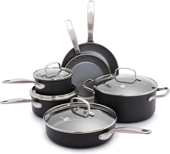 GreenPan Chatham Hard Anodized Healthy Ceramic Nonstick 10 Piece Cookware Pots and Pans Set, Frying Pan Skillets, Saucepans, Saute Pan, Stockpot, Lids, PFAS-Free, Dishwasher & Oven Safe, Gray