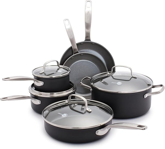 GreenPan Chatham Hard Anodized Healthy Ceramic Nonstick 10 Piece Cookware Pots and Pans Set, Frying Pan Skillets, Saucepans, Saute Pan, Stockpot, Lids, PFAS-Free, Dishwasher & Oven Safe, Gray