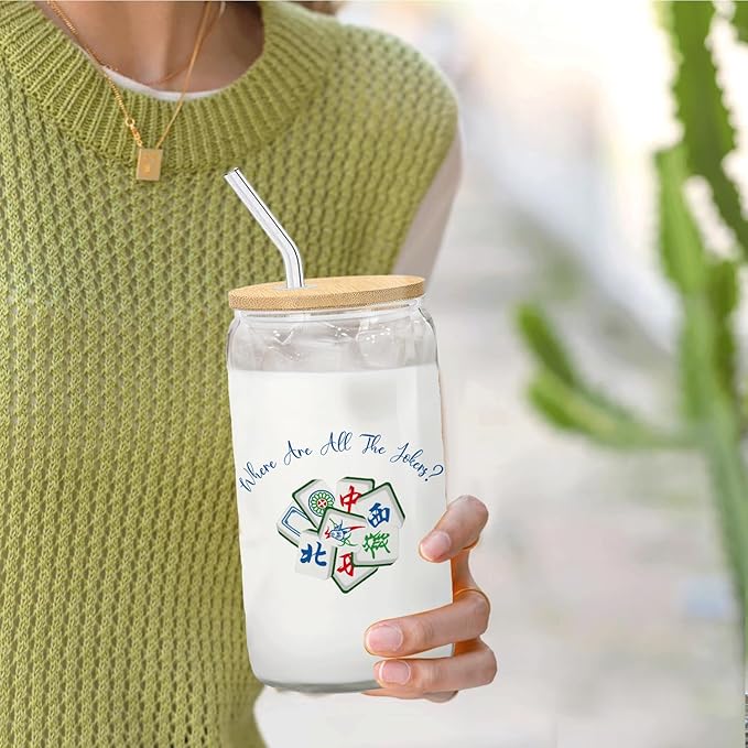 Chinese Mahjong Glass Cup with Lids and Straws 14oz, Gifts for Mahjong Players Lovers, Mah Jong Accessories Glass Iced Coffee Tumbler Drinking Jars with Cleaning Brush