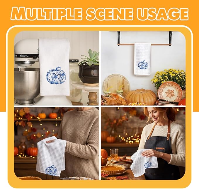 Fall Kitchen Towels Blue and White Pumpkin Kitchen Hand Towels, Chinoiserie Pumpkin Fall Decor Waffle Weave Dish Cloths 16x23.5 Inch, Farmhouse Autumn Thanksgiving Halloween Bathroom-C11