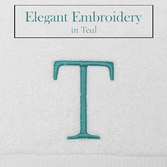 Teal and White Bathroom Hand Towel - Monogrammed Luxury Hotel Quality Decorative Embroidered Towel for Powder Room, Spa - GOTS Organic Certified - Pack of 2, Letter T
