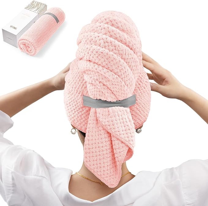 YFONG Large Hair Towel Wrap for Women, Super Absorbent Microfiber Hair Towel for Curly Hair, Fast Drying Hair Turbans with Elastic,Hair Drying Towel Wrap for Hair Care 26.3" X 40" (Pink)