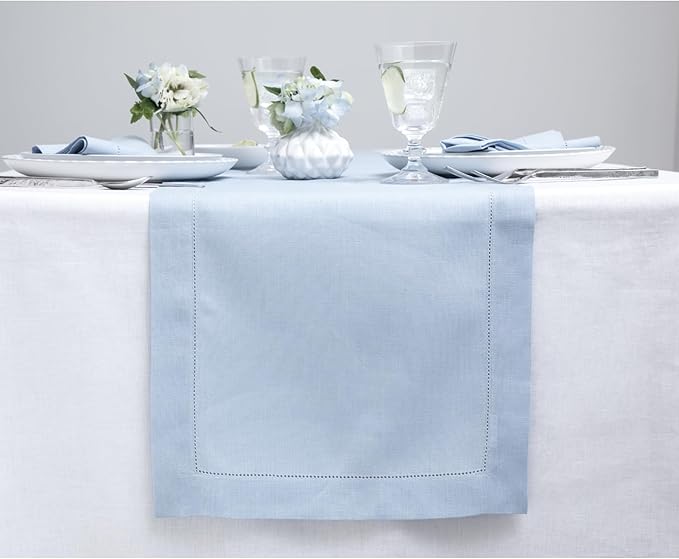 Solino Home Linen Sky Blue Table Runner 156 Inches Long - 100% Pure Linen Extra Long Table Runner 14 x 156 Inch for New Year - Classic Hemstitch
