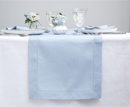 Solino Home Linen Sky Blue Table Runner 156 Inches Long - 100% Pure Linen Extra Long Table Runner 14 x 156 Inch for New Year - Classic Hemstitch