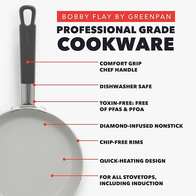 GreenPan x Bobby Flay 8" Nonstick Frying Pan Skillet, PFAS-Free Diamond Ceramic, Induction Suitable, Stay-Cool Silicone Handle, Easy Clean Dishwasher & Oven Safe, Egg & Omelet Pan, Graphite
