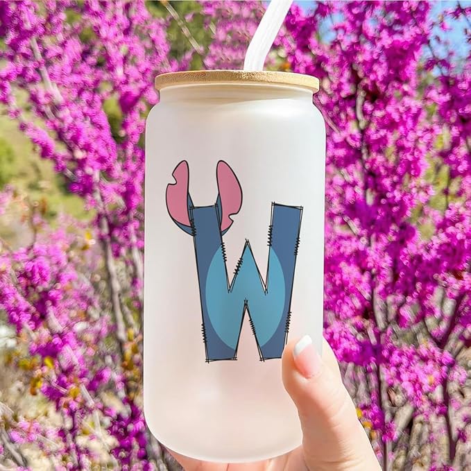 Cute Cartoon Lover Gifts Initial A-Z Personalized Iced Coffee Cup Cartoon Merch 16oz Glass Cup with Lid and Straws Birthday Christmas Gifts for Women Teen Girls Fans (Letter W)