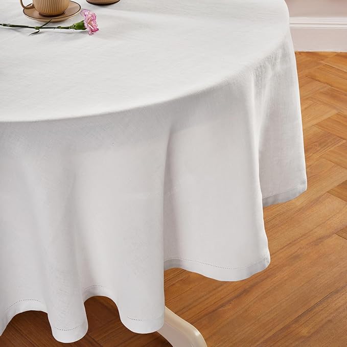Solino Home Linen 60 Inch Round Tablecloth - 100% Pure Linen White Round Tablecloth - Machine Washable Table Cloth for Valentines, Holiday, New Year - Sonoma Hemstitch