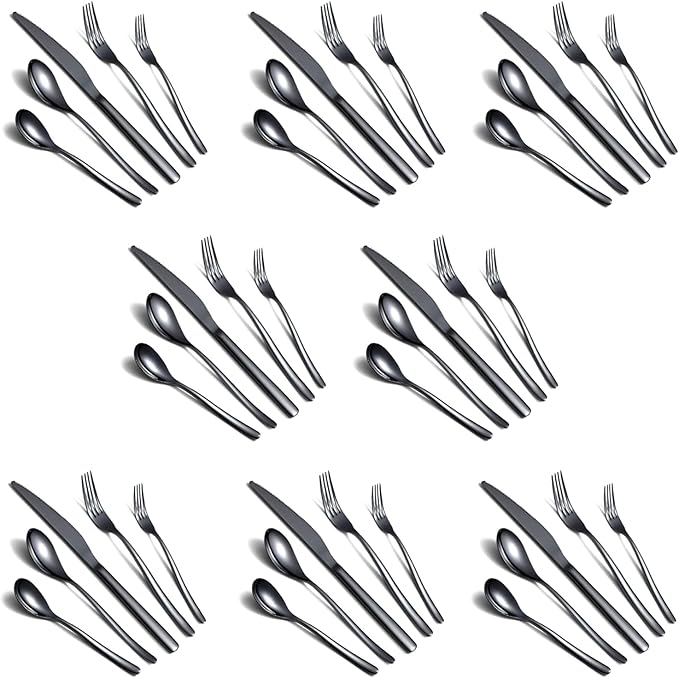 HOMQUEN 40-Piece Black Silverware Set, Black Flatware Set for 8, Stainless Steel Tableware Cutlery Set, Utensil Sets for Kitchen, Forks and Spoons Silverware (Shiny Black)
