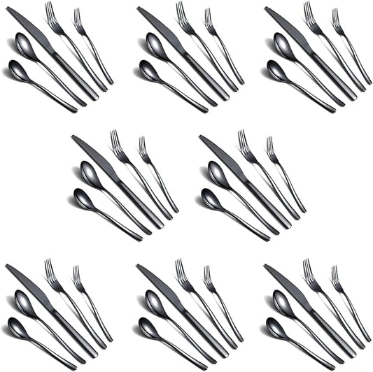 HOMQUEN 40-Piece Black Silverware Set, Black Flatware Set for 8, Stainless Steel Tableware Cutlery Set, Utensil Sets for Kitchen, Forks and Spoons Silverware (Shiny Black)