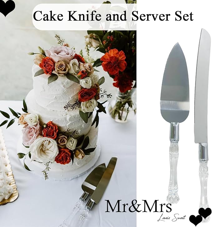 Adorox Elegant Cake Knife and Server Set Stainless Steel with Crystal Handle - Perfect for Weddings Anniversaries,and Special Celebrations (Sliver)
