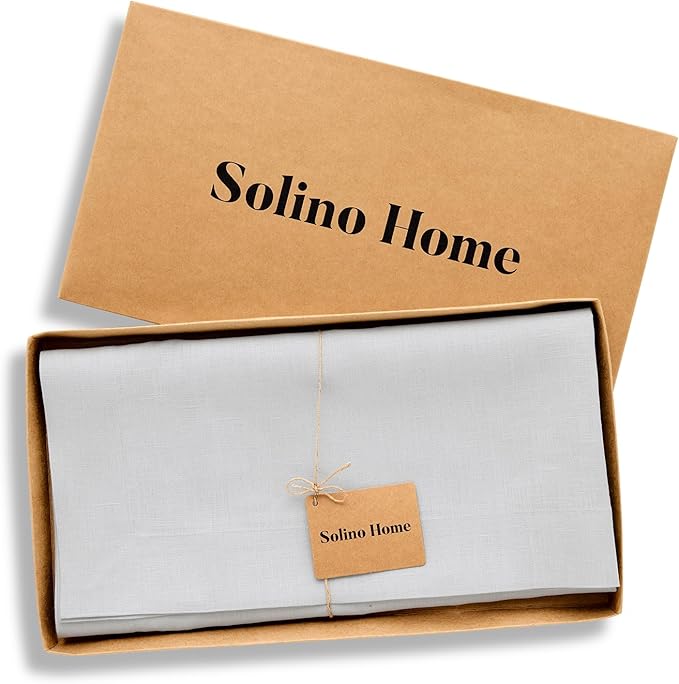 Solino Home Linen Tablecloth 52 x 52 Inch - 100% Pure Linen Silver Cloud Square Tablecloth - Fete, Machine Washable Table Throw for Winter