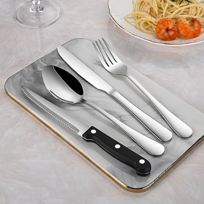24-Piece Silverware Set with Steak Knives,Flatware Set Service for 4 Person, Food-Grade Stainless Steel Cutlery Set,Includes Knife Spoon And Fork, Mirror Finished Utensil Sets for Home Restaurant