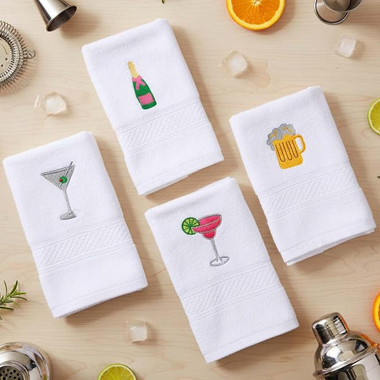 4 Pack Cocktail Drink Themed Towels Cotton Embroidered Hand Towels Gifts 29.5'' x 13.8'' Soft Absorbent Kitchen Bar Dish Cloths Bathroom Decorative Bachelorette Housewarming Party Supplies