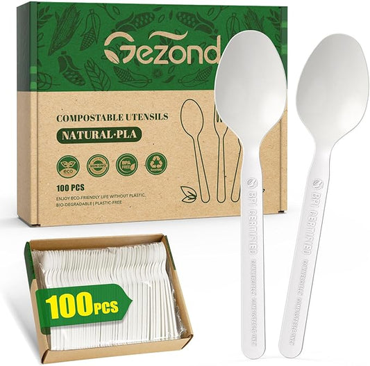 Gezond 100% Compostable Spoons 100 Count, No Plastic Biodegradable PLA Disposable Spoons Eco Friendly Heavy Duty Cutlery Suitable for Party Picnic Office Everyday Use