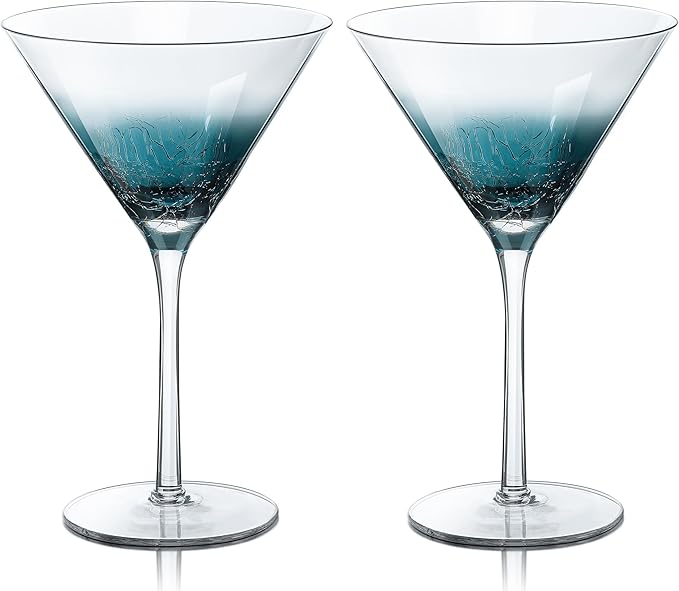 Joeyan Handmade Blue Crackle Martini Glasses,11 oz Crystal Cocktail Glassware,Drinking Glasses for Espresso Martini Cosmopolitan Manhattan Gimlet,Set of 2