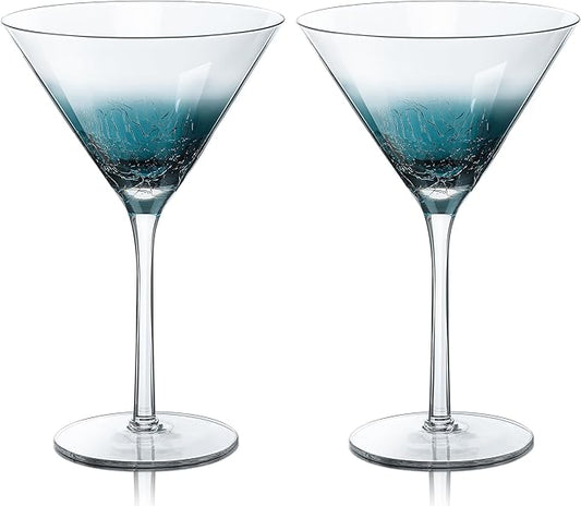 Joeyan Handmade Blue Crackle Martini Glasses,11 oz Crystal Cocktail Glassware,Drinking Glasses for Espresso Martini Cosmopolitan Manhattan Gimlet,Set of 2