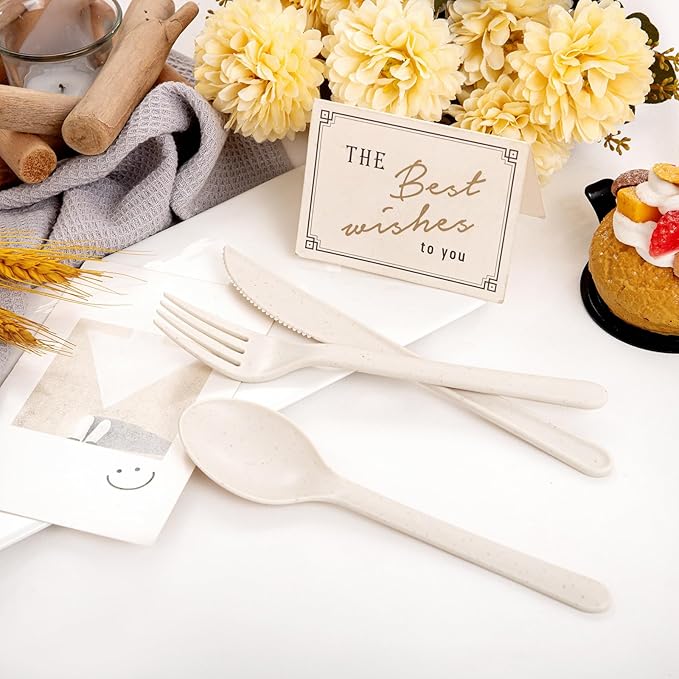 Supernal 180pcs Heavy Duty, Reusable Wheat Straw Silverware - 180pcs Plastic Forks and Spoons, Dishwasher Safe, Beige Color for Party, Birthday, Wedding