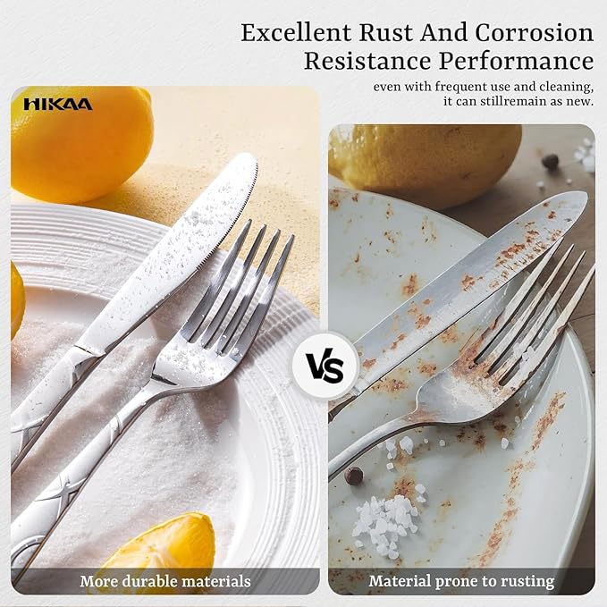 HIKAA 60PCS Stainless Steel Silverware Set, Modern Flatware Set for Kitchen, Mirror Polished Cutlery Set with Forks, Spoons and Knives，Dishwasher Safe