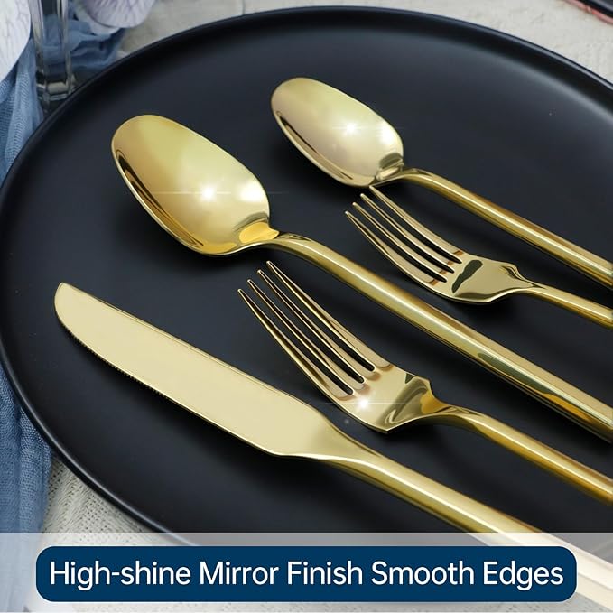 Silverware Set 20-Piece Stainless Steel Mirror Polishing Gold Cutlery, Hand Forged Thick Hexagon Handle Flatware Sets, Service for 4
