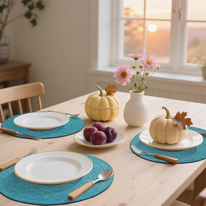 homing 15 Inch Round Cloth Placemats Set of 4, Cotton Linen Blend Washable Table Mats, Farmhouse Dining Place Mats for Indoors & Outdoors, Easy to Clean, Teal