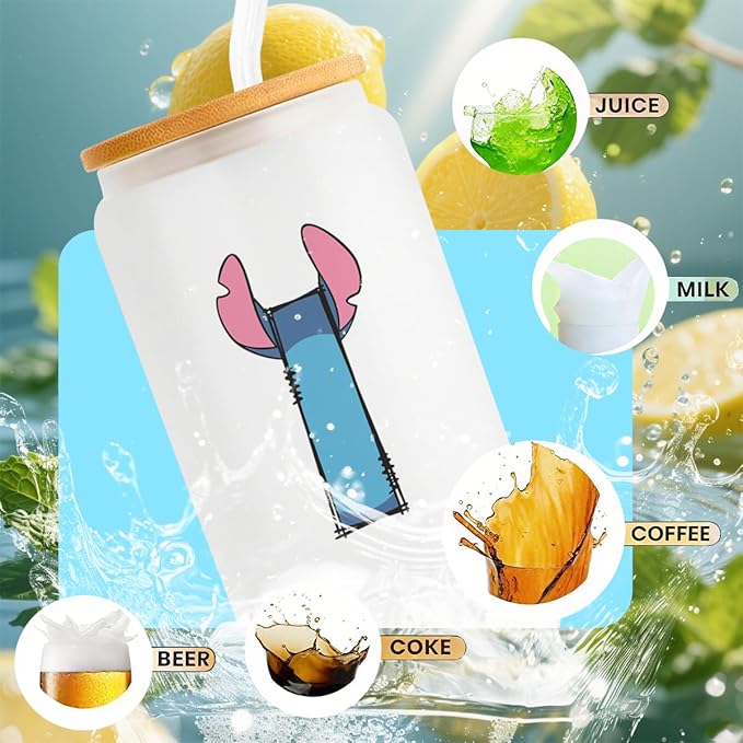 Cute Cartoon Lover Gifts Initial A-Z Personalized Iced Coffee Cup Cartoon Merch 16oz Glass Cup with Lid and Straws Birthday Christmas Gifts for Women Teen Girls Fans (Letter I)