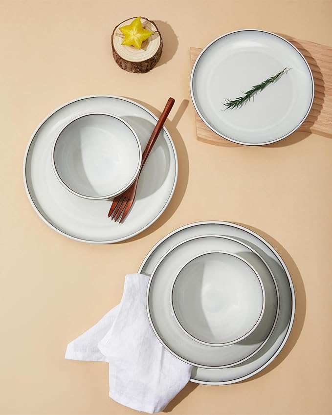 18 Piece White Stoneware Dinnerware Set for 6, Santorini Mist Terracotta Plates and Bowls with Reactive Glaze, Microwave & Dishwasher Safe, Aesthetic Ceramic Dishes for Family Meals & Hosting