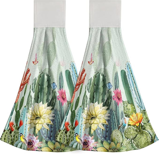 Green Cactus Hand Towels Tropical Succulent Hanging Kitchen Towels with Loop Absorbent Tea Bar Dish Towel for Bathroom Laundry Gym