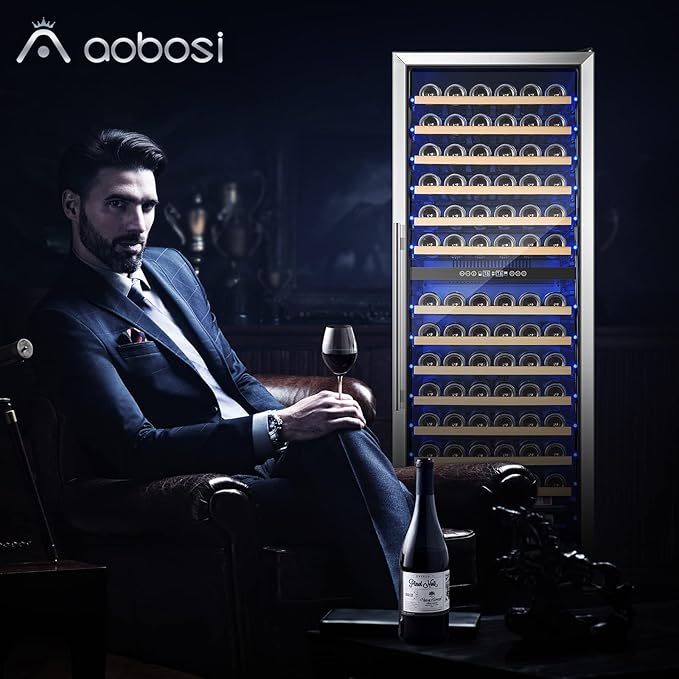 AAOBOSI 24 Inch 154 Bottles Wine Cooler，40-65°F Dual Zone Cooler, 14 Adjustable Shelves，Visualized Temperature Regulation,Uniform Cold Air Circulation
