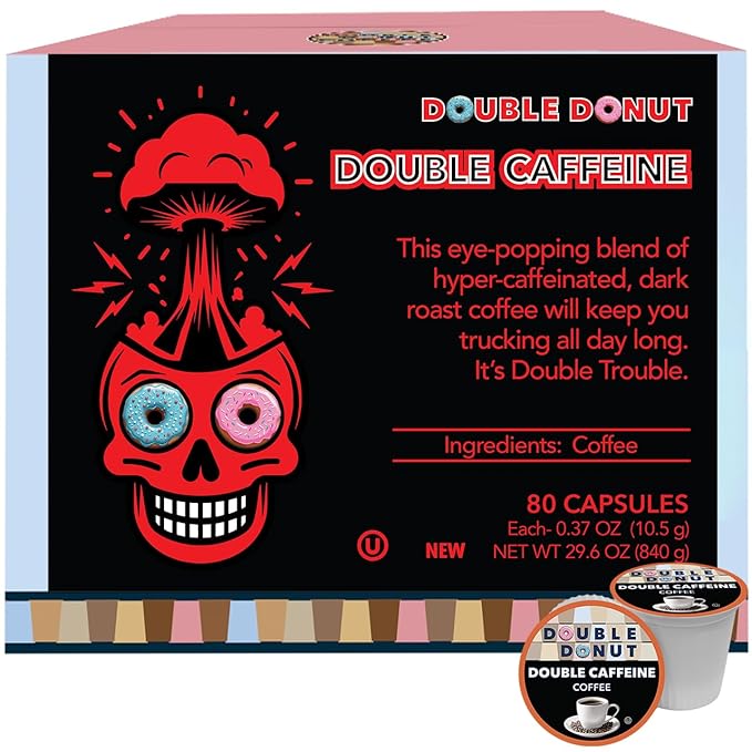 Double Donut Coffee High Caffeine Coffee Pods, Extra Strong Double Caffeine Coffee Cups for Keurig K Cup Brewer Machines Single Serve Dark Roast Coffee, 80 Count
