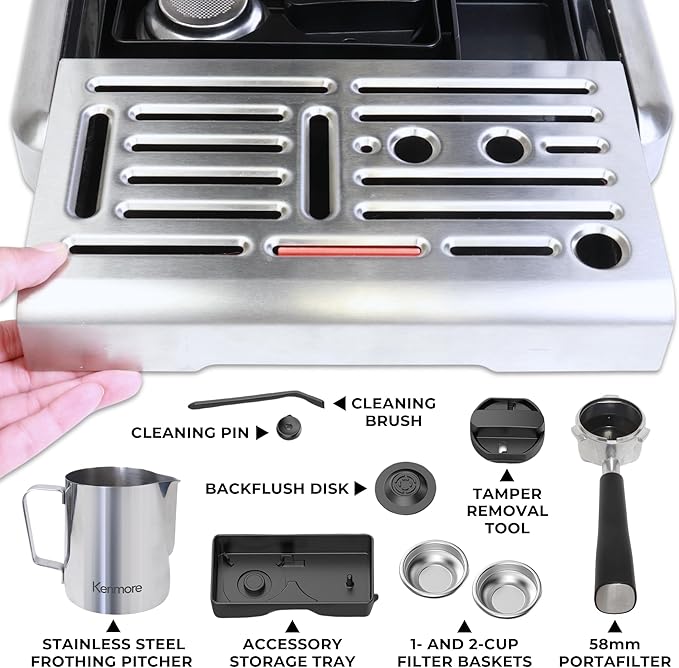 Kenmore Espresso Machine - Automatic Coffee Maker With Auto Tamper, Auto Cleaning, Milk Steamer & Frother, Bean Grinder, Make Professional Barista Style Cappuccino, Latte, Stainless Steel