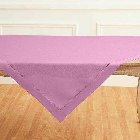 Solino Home Linen Tablecloth 52 x 52 Inch - 100% Pure Linen Violet Square Tablecloth - Classic Hemstitch, Machine Washable Table Throw for Valentines