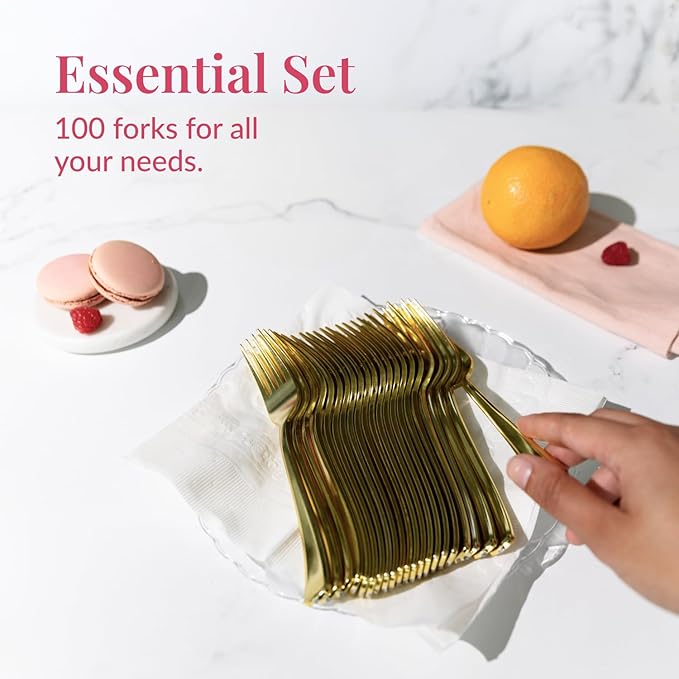 Prestee 100 Count Plastic Forks - 7" Heavy Duty Gold Plastic Silverware Utensils - Elegant, Disposable Gold Forks for Weddings, Parties, and Holidays - Fancy Flatware Set for Events and Catering