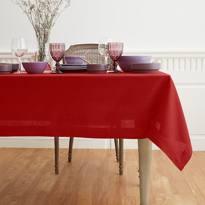 Solino Home Linen Red Tablecloth 60 x 84 Inch - 100% Pure Linen Rectangular Tablecloth - Machine Washable Table Cloth for Valentines, Holiday, Winter, New Year - Fete