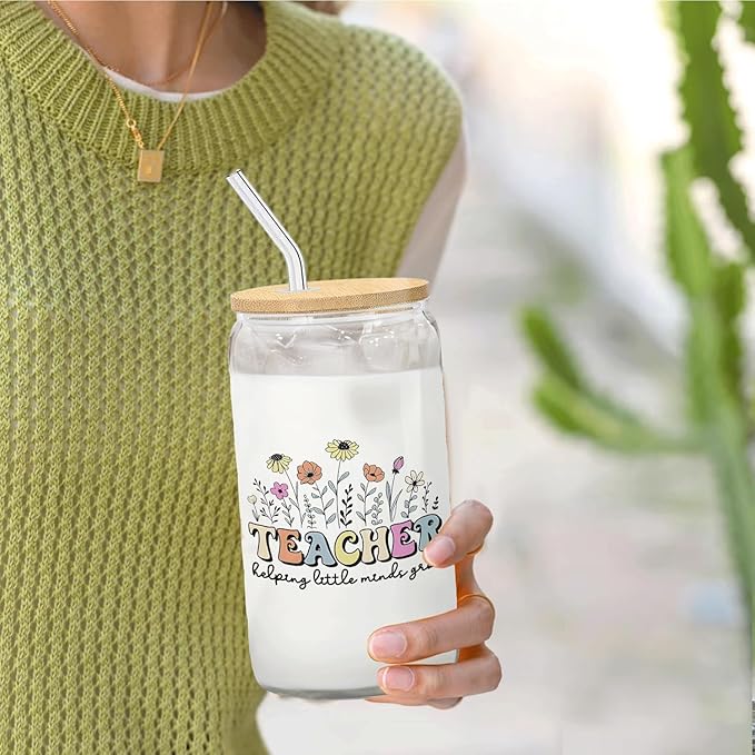 Floral Teacher Glass Cup Lids and Straws 14oz, Kindergarten Teacher Gifts for Women, Teachers Appreciation Gifts Glass Iced Coffee Tumbler Drinking Jars with Cleaning Brush