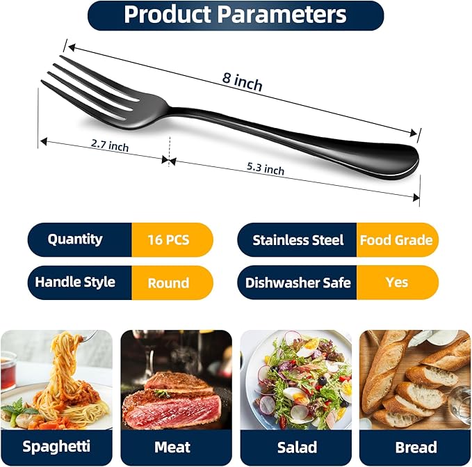 Black Forks 16 Pices Dinner Forks 8 Inches Food Grade forks stainless steel Table Forks Flatware Forks Mirror Polished Sturdy and Durable Dishwasher Safe Great for Home Kitchen or Restaurant