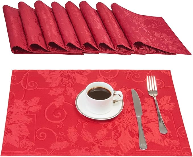 Cloth Place Mats Set of 8–Reusable Rectangular Waterproof Fabric Polyester Washable Wipeable Heat Resistant jacquard floral flowers for Kitchen Dining Dinner Wedding Table(Dark Red/13x19 Inch)