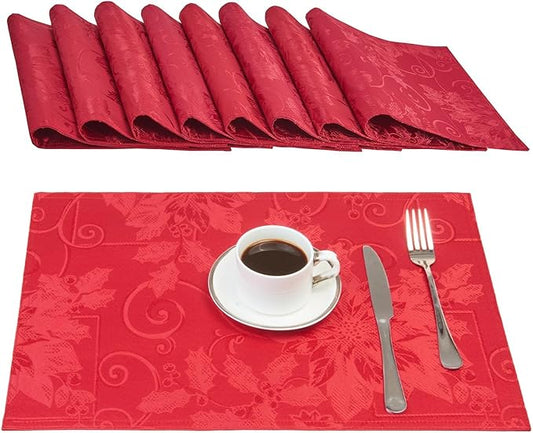 Cloth Place Mats Set of 8–Reusable Rectangular Waterproof Fabric Polyester Washable Wipeable Heat Resistant jacquard floral flowers for Kitchen Dining Dinner Wedding Table(Dark Red/13x19 Inch)