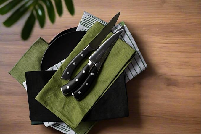 DURA LIVING 4-Piece Serrated Kitchen Steak Knife Set – Forged High Carbon Stainless Steel, Ultra Sharp, Ergonomic Black Handles, Durable Dinner Knives, Black Handle