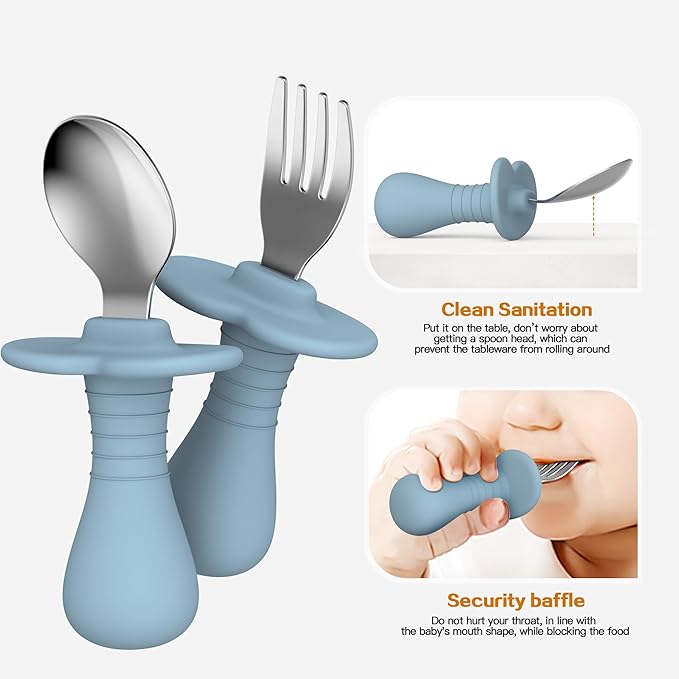 2 Pieces Toddler Utensils Forks and spoons set, Stainless Steel Childrens Silverware for Safe flatware Metal Kids Cutlery set with Round Handle, BPA Free, Anti-Choke Design (Lite Blue)