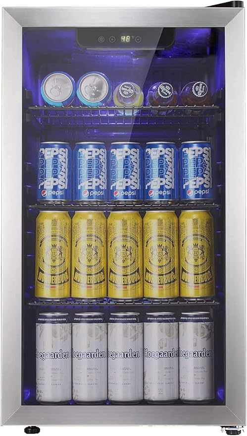 Antarctic Star Beverage Refrigerator -125 Can Mini Fridge for Soda Beer or Wine, Stainless steel door frame, for Office or Bar with Adjustable Removable Shelves, Black, 3.3 Cu.Ft