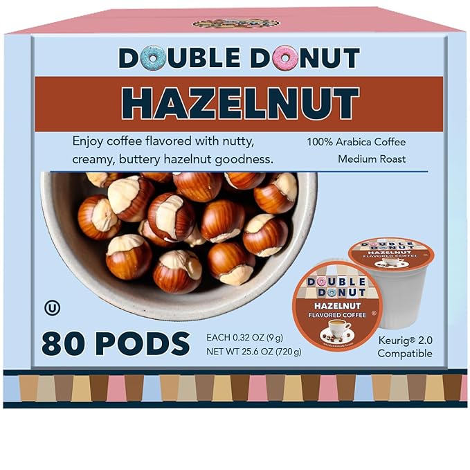 Double Donut Coffee Flavored Coffee Pods, Caffeinated Hazelnut Coffee Pods for Keurig K Cups Machines, Medium Roast, 80 Count (Pack of 1)