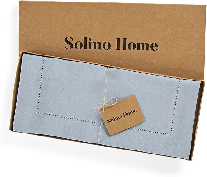 Solino Home Linen Dusty Blue Table Runner 90 Inches Long - 100% Pure Linen Hemstitch 14 x 90 Inch Table Runner for Dining, Winter - Classic Hemstitch