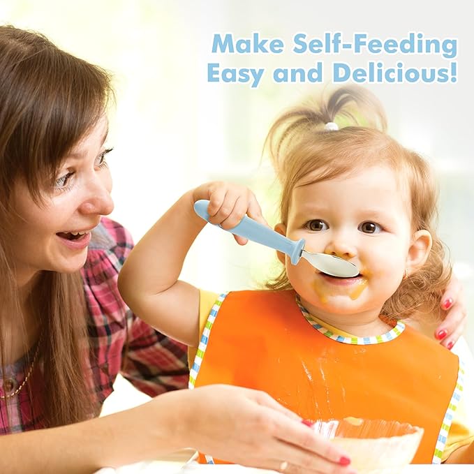 DRKIO 6 Pieces Toddler Utensils Set - Kids Silverware Set with Silicone Handle Children Safe 18/8 Stainless Steel Forks and Spoons Anti-Choke Design Food Grade Dishwasher Safe