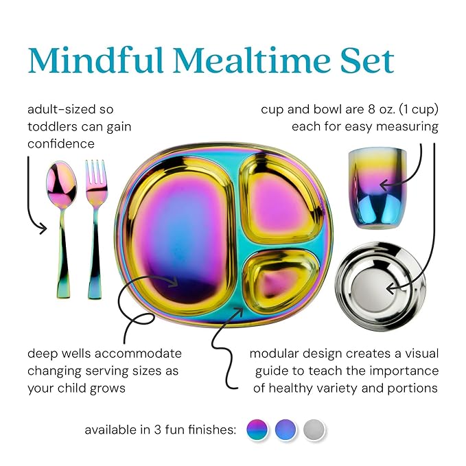 Ahimsa Stainless Steel Kids Dinnerware Set, Pediatrician Designed, 5 Piece Toddler Plates and Bowls Set, Stainless Steel Divided Plate, Cup and Kids Utensils, Rainbow