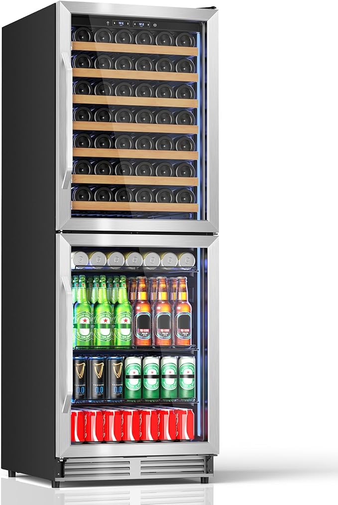 Wine Beverage Refrigerator with Double-Layer Temperature Zone, 24'' Large Capacity Built-in & Freestanding Wine Cooler Fridge for 154 Bottles, Wine and Beverage Fridge Combo for Home Kitchen Outdoor