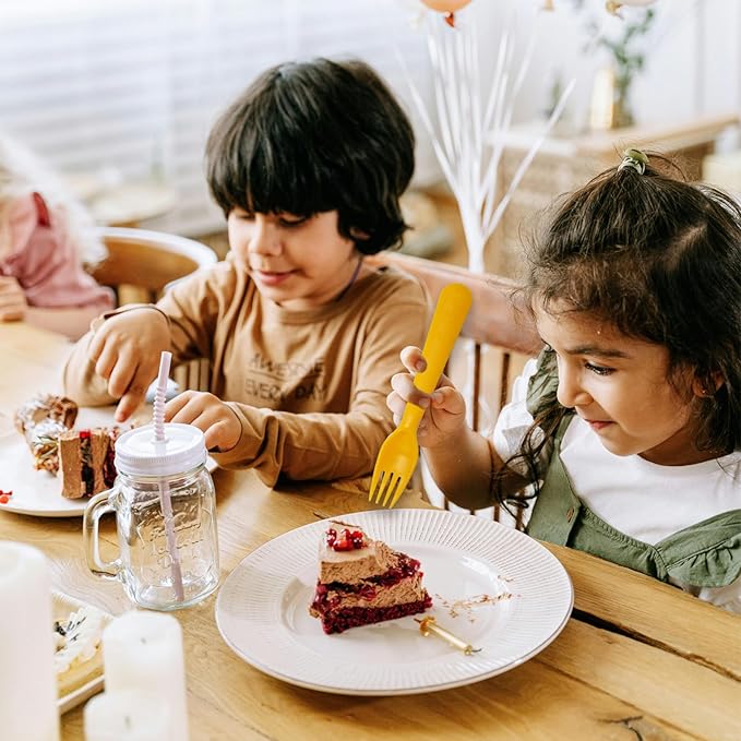 12 Pcs Kids Spoons and Forks Toddler Utensils Plastics Reusable Silverware Baby Cutlery Set Feeding Dinnerware Utensils BPA Free Microwave Dishwasher and Freezer Safe- Yellow